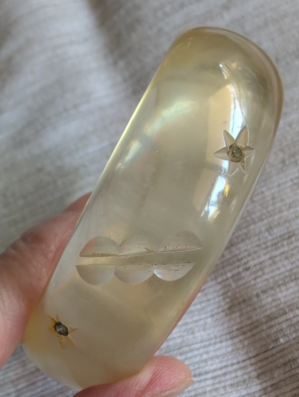 Vintage Translucent Mother-of-Pearl Lucite Bangle with Star Inlays